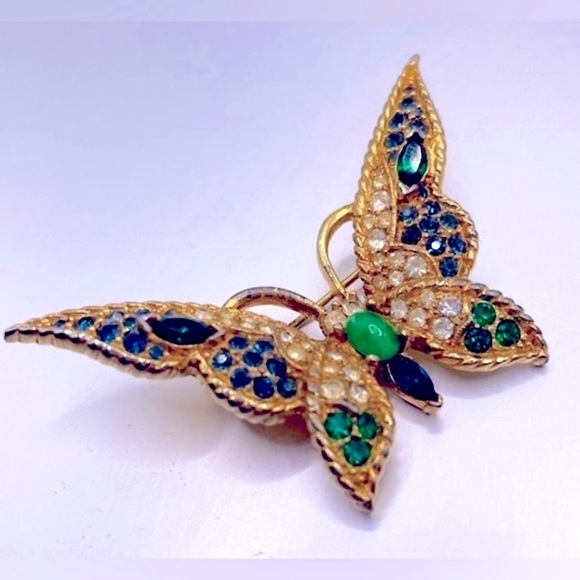 Vintage Jewelry - RARE 1940’s Marcel Boucher Le Couturier Jade Crystal Butterfly Brooch #9958